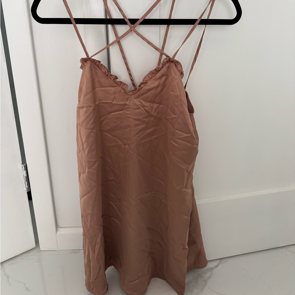 Pink satin ruffle trim Strappy Dress